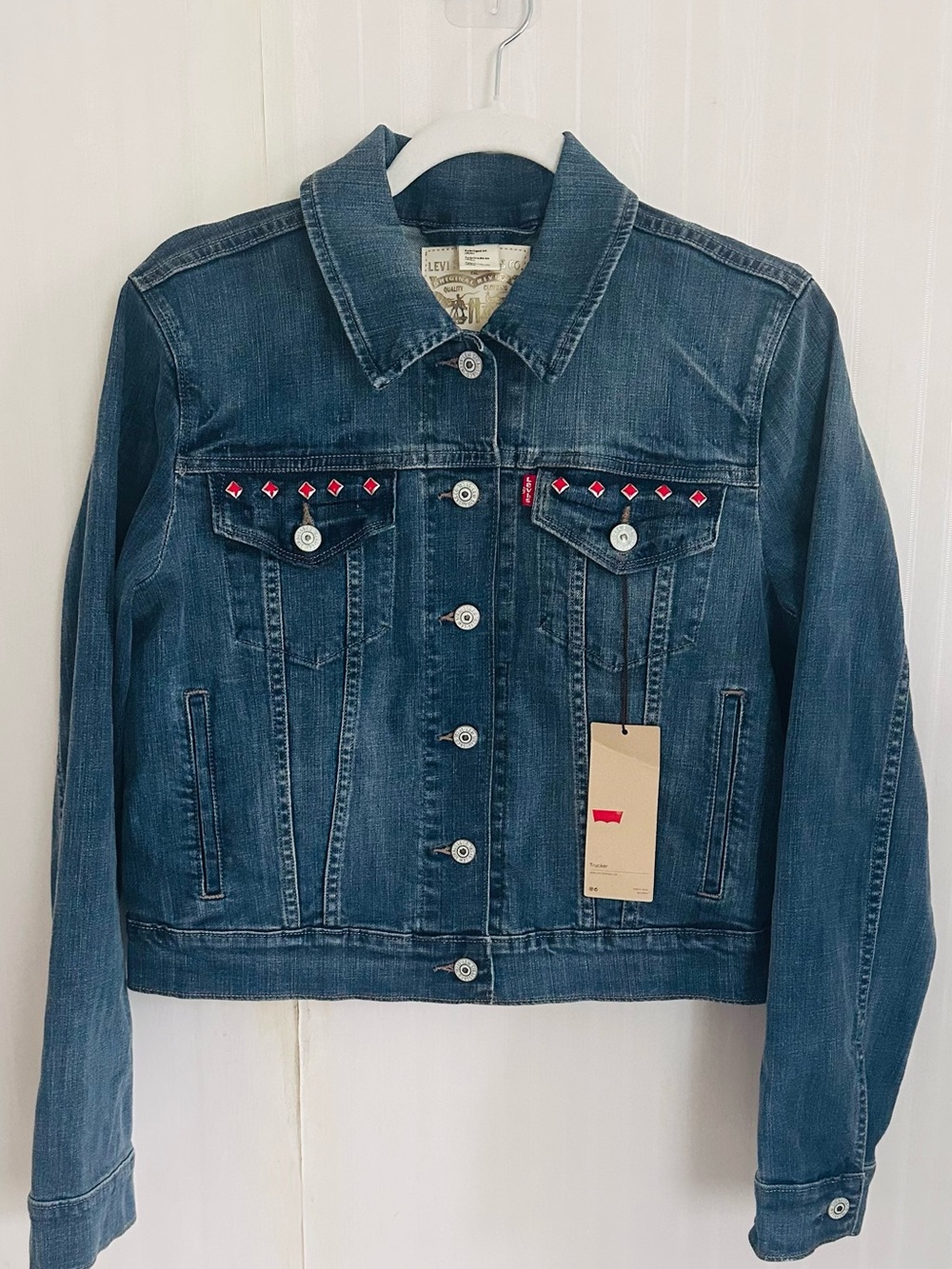 Levi's Women's Dark Blue Denim Trucker Jacket with Red Stud Diamond Accents